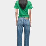 DALA Calla mid rise straight ankle jeans in attick blue, back view on model