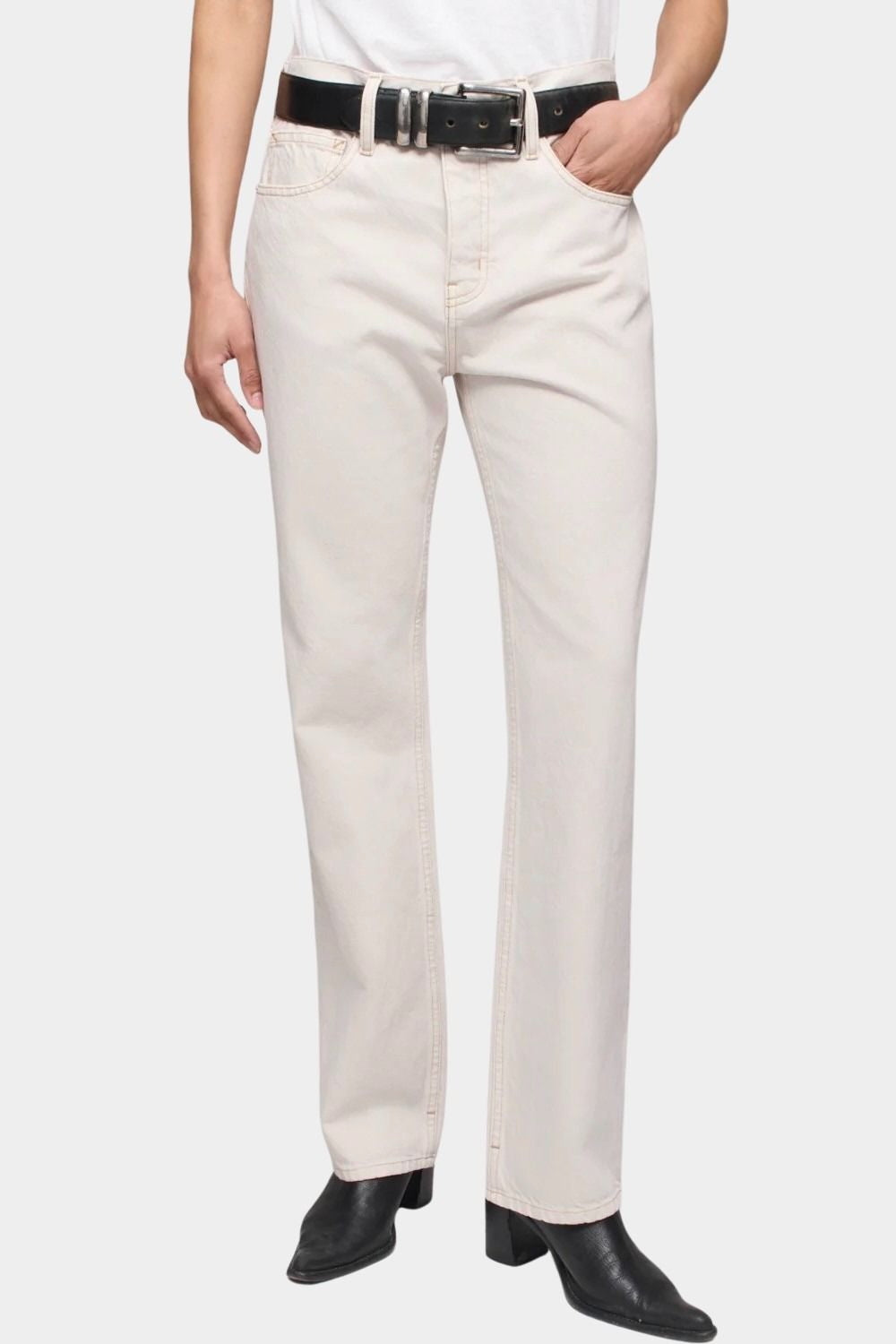 DALA Calla mid rise straight ankle jeans in salt, front detail showing waistband, pockets, and relaxed straight leg