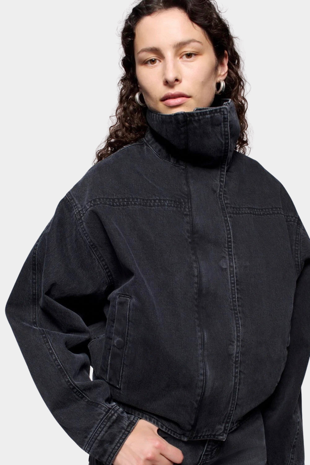 DALA Funnel Stills Jacket Hurricane structured high collar and washed black denim detail