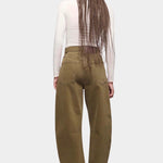 DALA Lido Ankle Jean Dark Olive back view in rigid organic cotton barrel leg denim