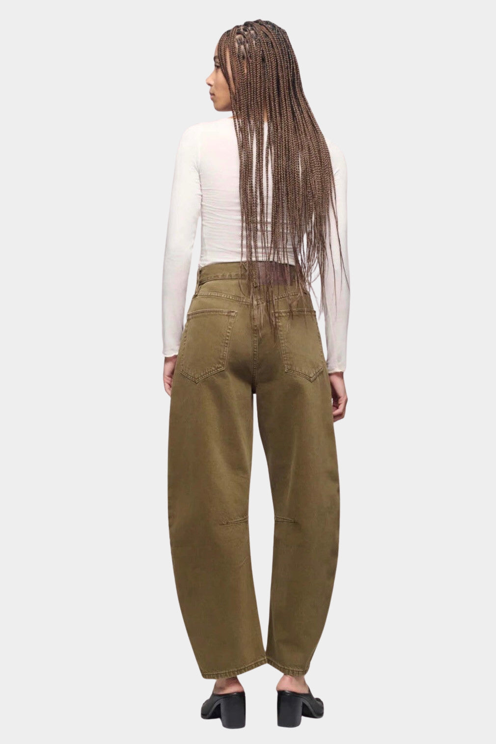 DALA Lido Ankle Jean Dark Olive back view in rigid organic cotton barrel leg denim