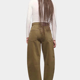 DALA Lido Ankle Jean Dark Olive back view in rigid organic cotton barrel leg denim