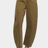 DALA Lido Ankle Jean Dark Olive front view, mid rise barrel leg jeans at YUCCA Denver