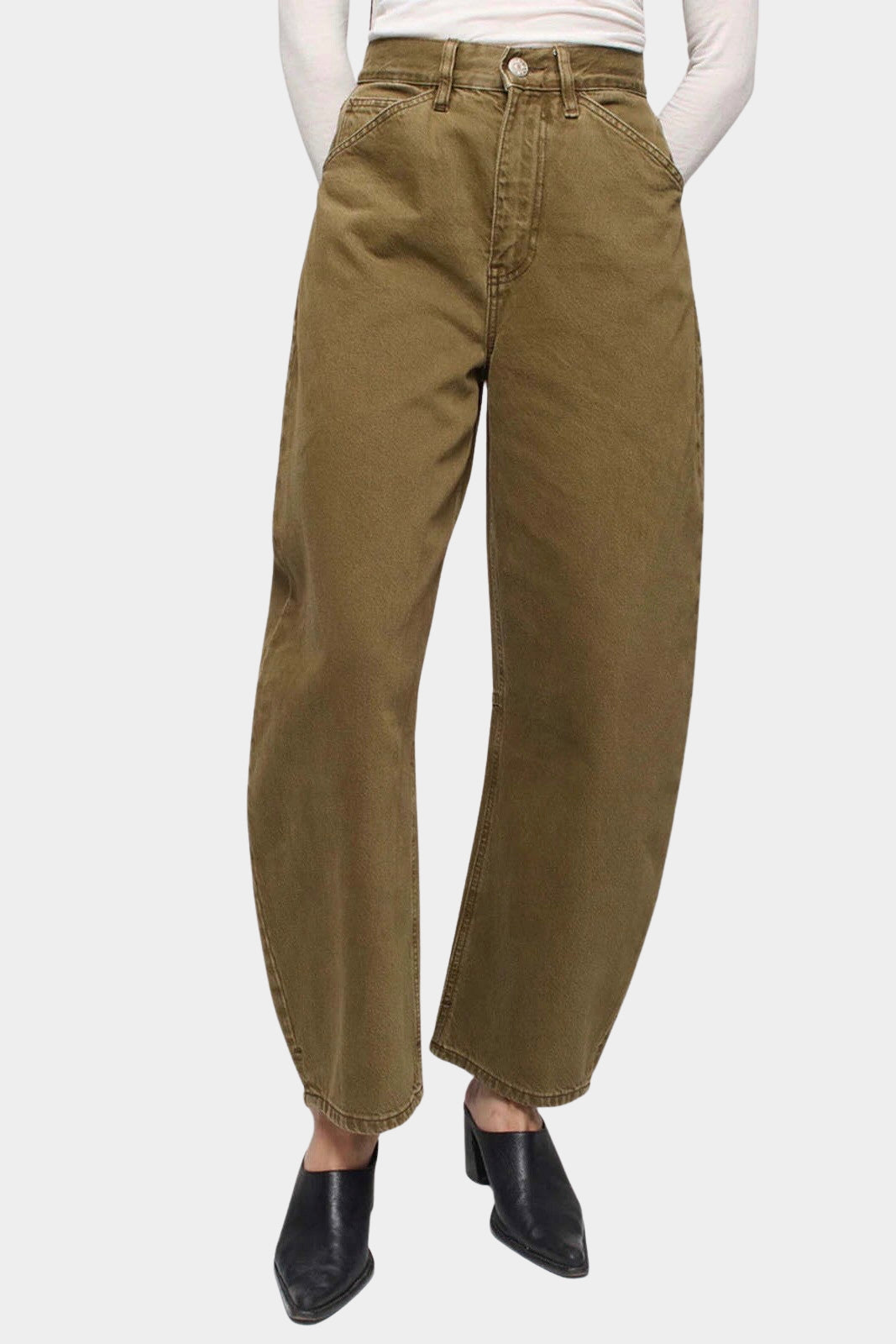 DALA Lido Ankle Jean Dark Olive front view, mid rise barrel leg jeans at YUCCA Denver