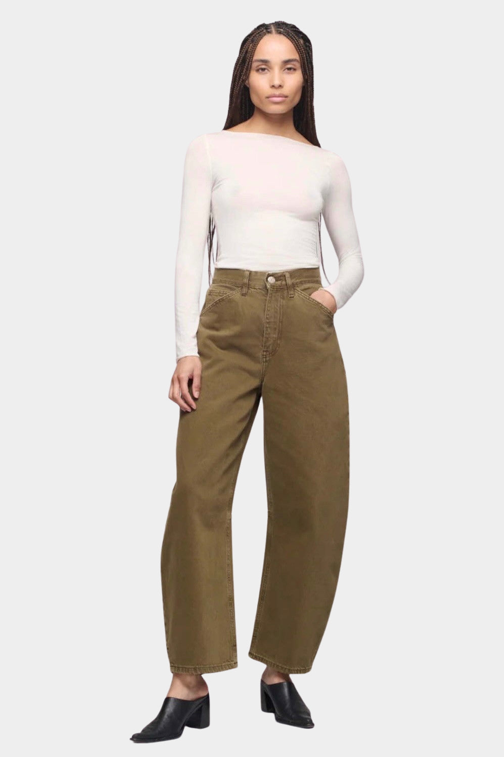 DALA Lido Ankle Jean Dark Olive full length view, sculpted barrel leg organic cotton denim