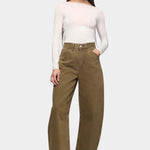 DALA Lido Ankle Jean Dark Olive full length view, sculpted barrel leg organic cotton denim