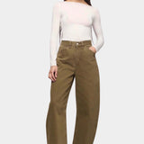 DALA Lido Ankle Jean Dark Olive full length view, sculpted barrel leg organic cotton denim