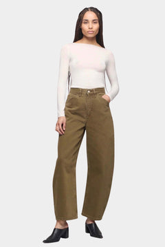 DALA Lido Ankle Jean Dark Olive full length view, sculpted barrel leg organic cotton denim