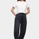 DALA Lido Ankle Jean Hurricane full front view, mid rise ankle length barrel leg jeans in charcoal denim