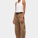 DALA Lido Ankle Jean in Oak Brown, angled front view showing the mid rise waist and curved leg silhouette.