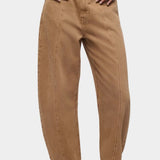DALA Lido Ankle Jean in Oak Brown, close front view showing angled pockets, zip fly and long panel seams.