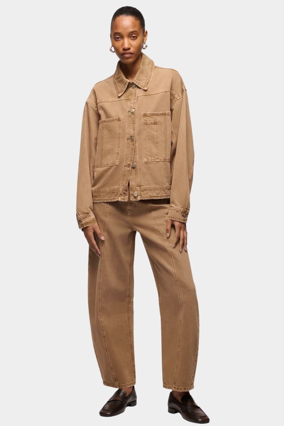 DALA Lido Ankle Jean in Oak Brown, full front view styled with a matching denim jacket and dark loafers.