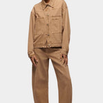 DALA Lido Ankle Jean in Oak Brown, full front view styled with a matching denim jacket and dark loafers.