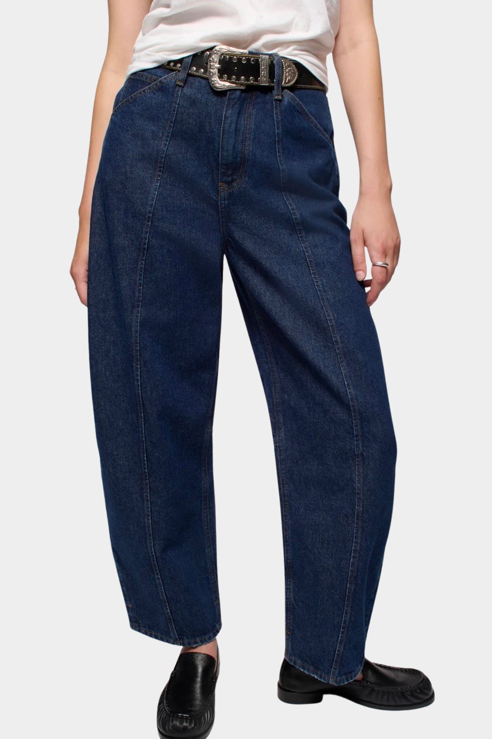 DALA Lido Ankle Jean Rinse dark indigo barrel leg jeans in rigid organic cotton denim