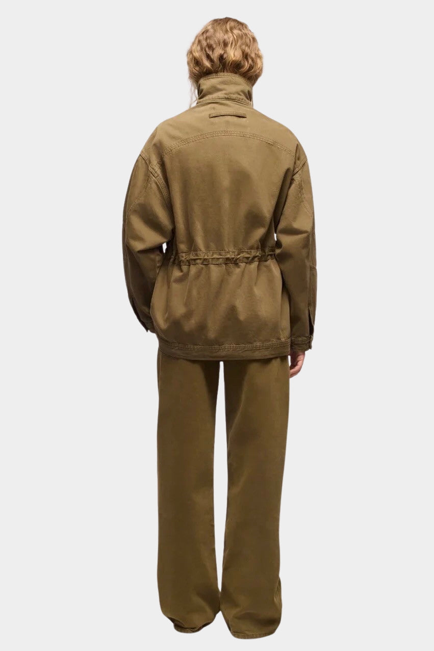 DALA Mountain Jacket Dark Olive back view, oversized organic cotton denim utility jacket