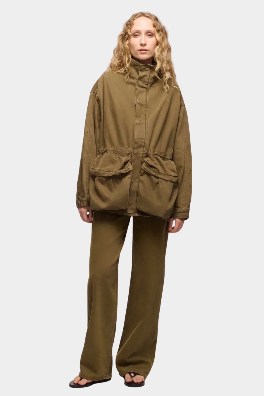 DALA Mountain Jacket Dark Olive full front view, oversized rigid denim jacket with bellowed pockets
