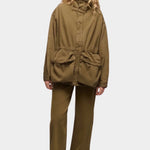 DALA Mountain Jacket Dark Olive full front view, oversized rigid denim jacket with bellowed pockets