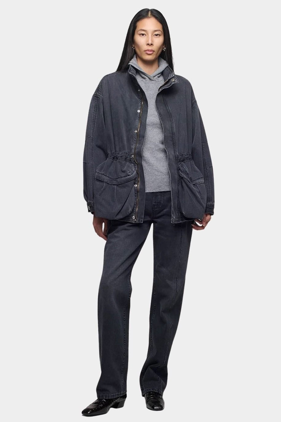 DALA Mountain Jacket in Hurricane, worn open over a gray hoodie with matching denim, from YUCCA Denver.