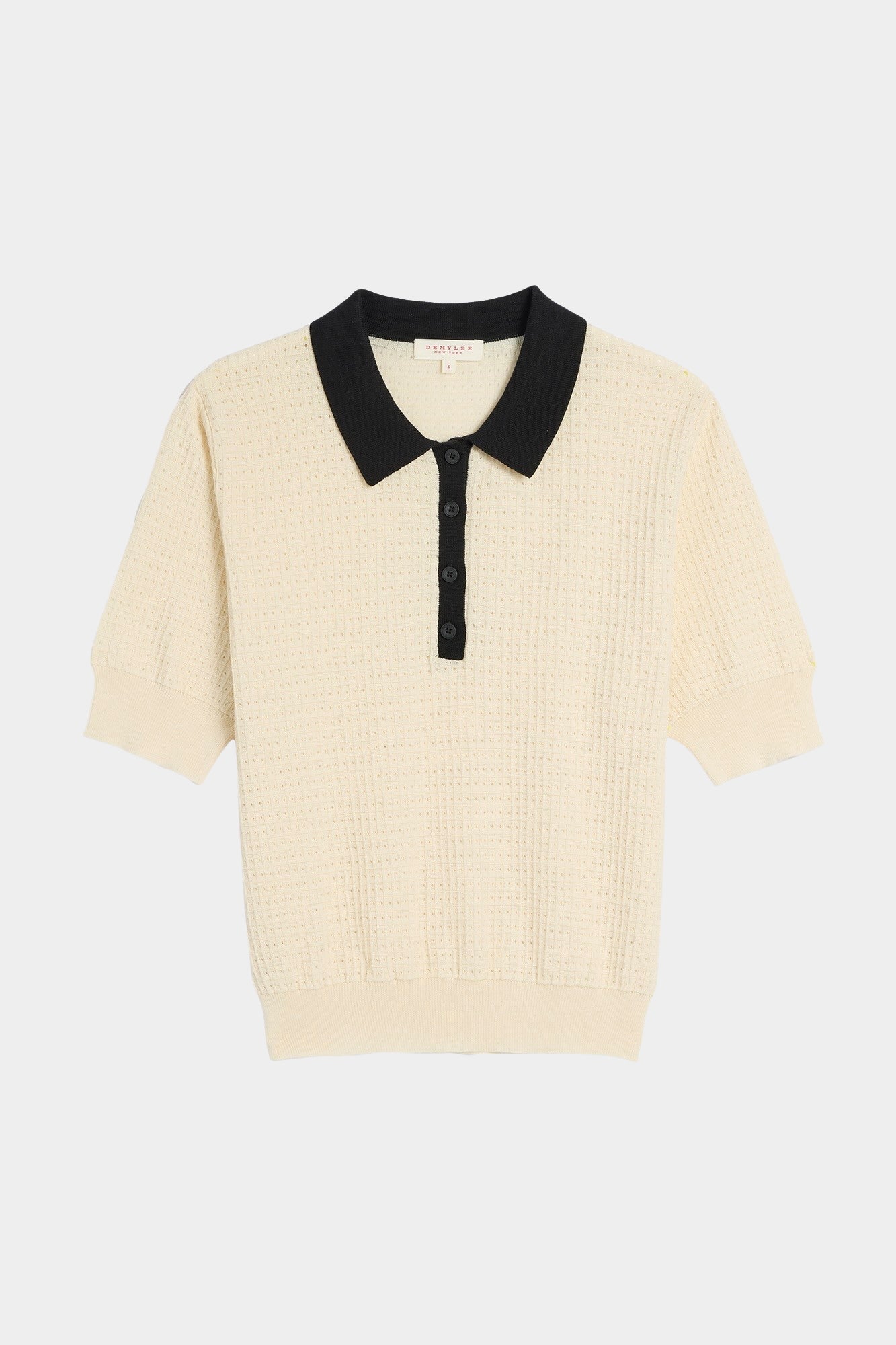 DEMYLEE Celia waffle pointelle cotton short sleeve polo top in ecru with black contrast collar laid flat