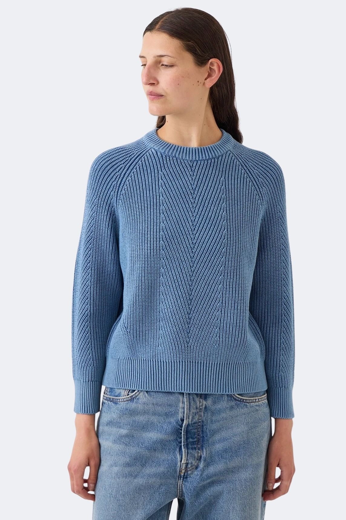 Model wearing DEMYLEE Chelsea denim washed cotton sweater with relaxed fit and bracelet sleev