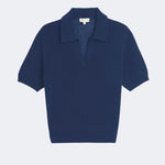 DEMYLEE Cris cotton linen polo sweater in indigo with short sleeves, open collar, and ribbed hem