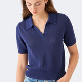 Front view of DEMYLEE Cris indigo cotton linen polo sweater styled with denim