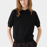 DEMYLEE Irelia Cashmere Top Black front view on model with short raglan sleeves and relaxed fit