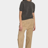 DEMYLEE Irelia Cashmere Top Dark Heather Grey full length styled view with tan trousers