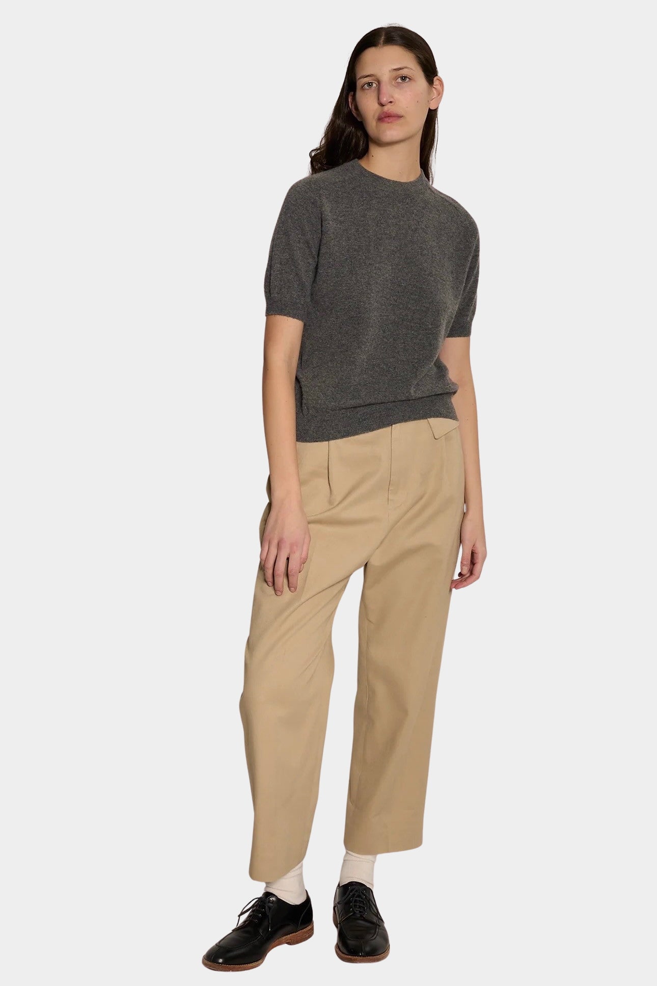 DEMYLEE Irelia Cashmere Top Dark Heather Grey full length styled view with tan trousers