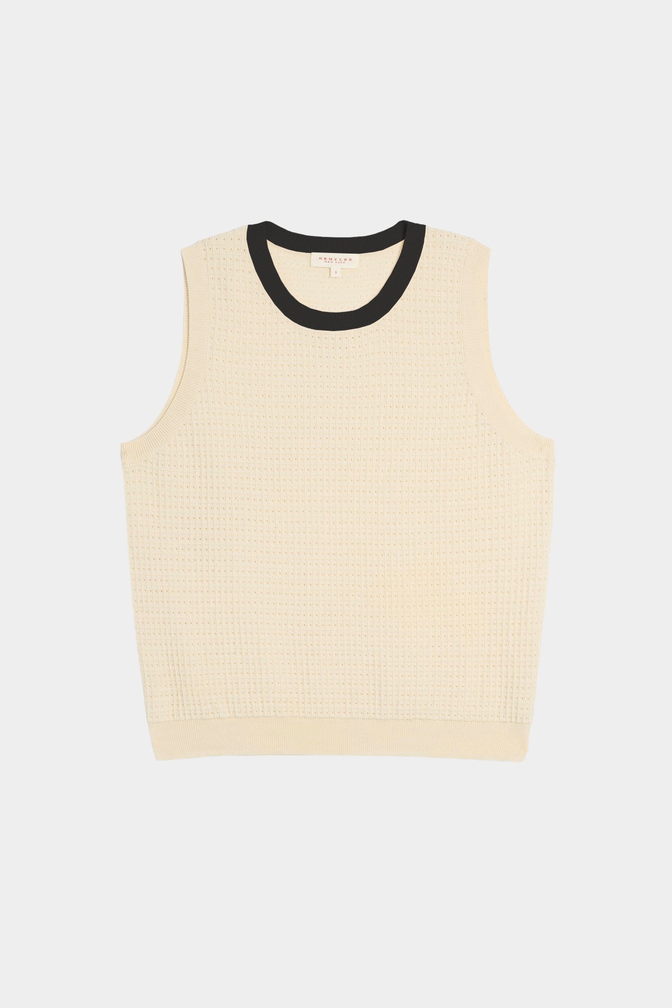 DEMYLEE Issa waffle pointelle cotton sleeveless top in ecru with black neckline laid flat