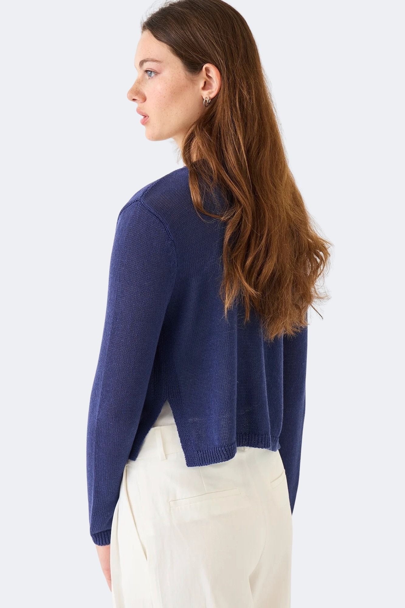 DEMYLEE Josie Cotton Linen Cardigan in Indigo slightly cropped silhouette back view