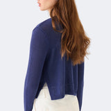 DEMYLEE Josie Cotton Linen Cardigan in Indigo slightly cropped silhouette back view
