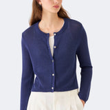 DEMYLEE Josie Cotton Linen Cardigan in Indigo slim fit lightweight knit worn front view