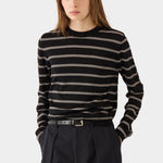 DEMYLEE Laina Stripe Superfine Merino Wool Sweater Black/Vanilla front view on model