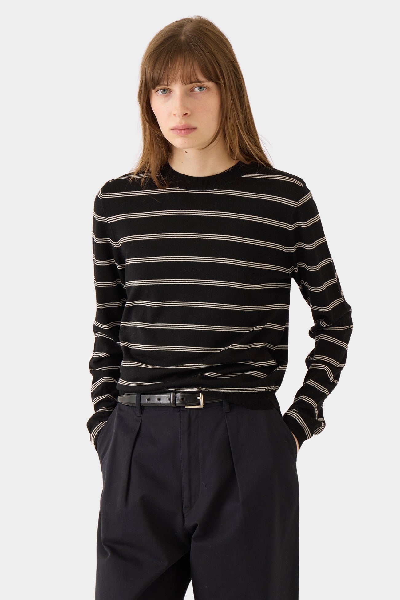 DEMYLEE Laina Stripe Superfine Merino Wool Sweater Black/Vanilla front view on model
