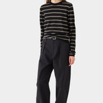 DEMYLEE Laina Stripe Superfine Merino Wool Sweater Black/Vanilla full styled view
