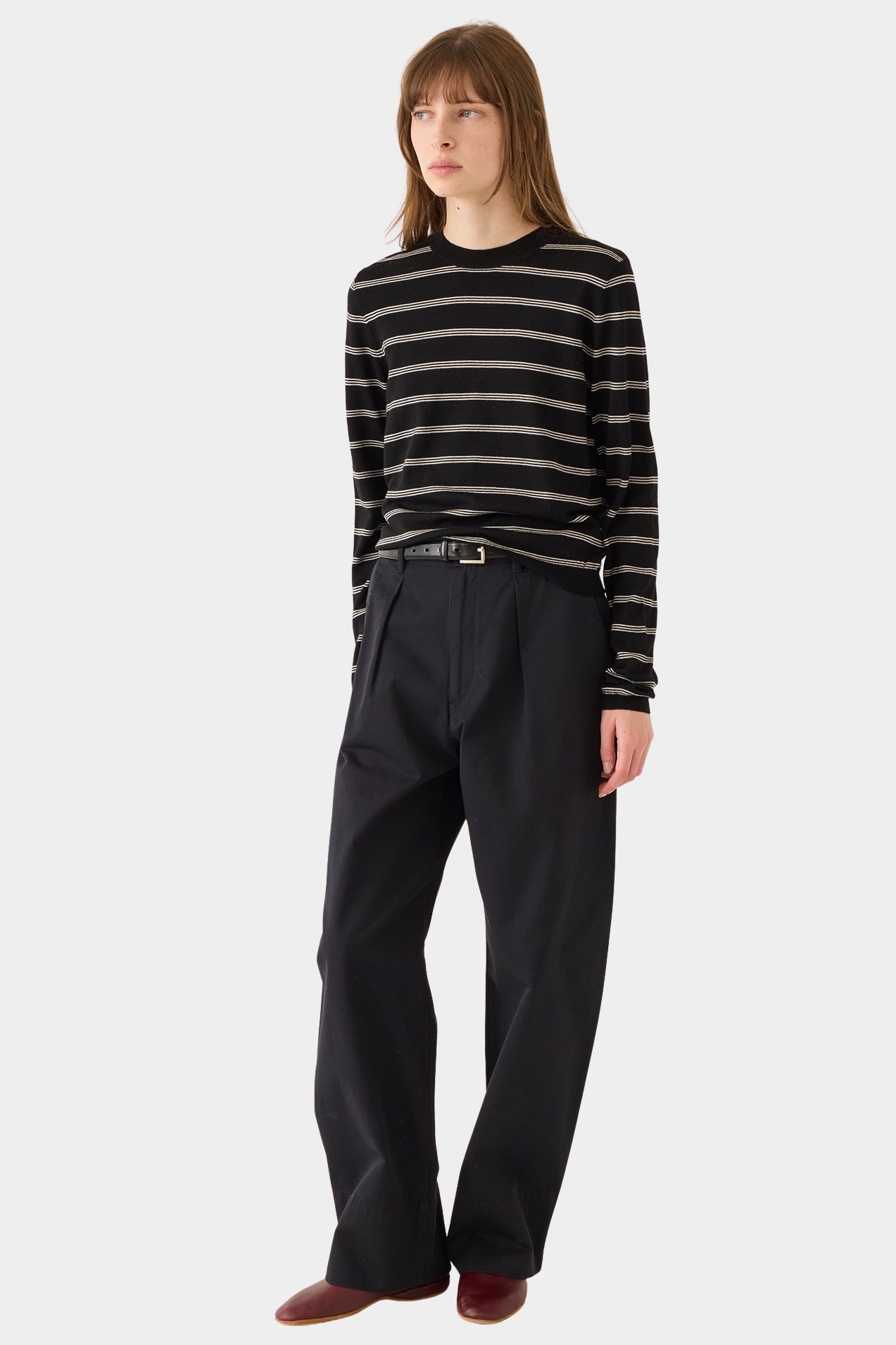 DEMYLEE Laina Stripe Superfine Merino Wool Sweater Black/Vanilla full styled view