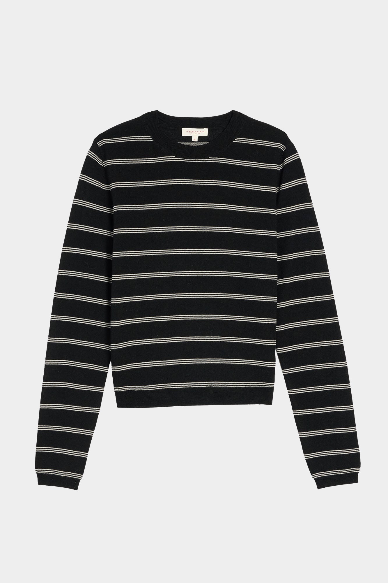 DEMYLEE Laina Stripe Superfine Merino Wool Sweater Black/Vanilla front product view at YUCCA Denver