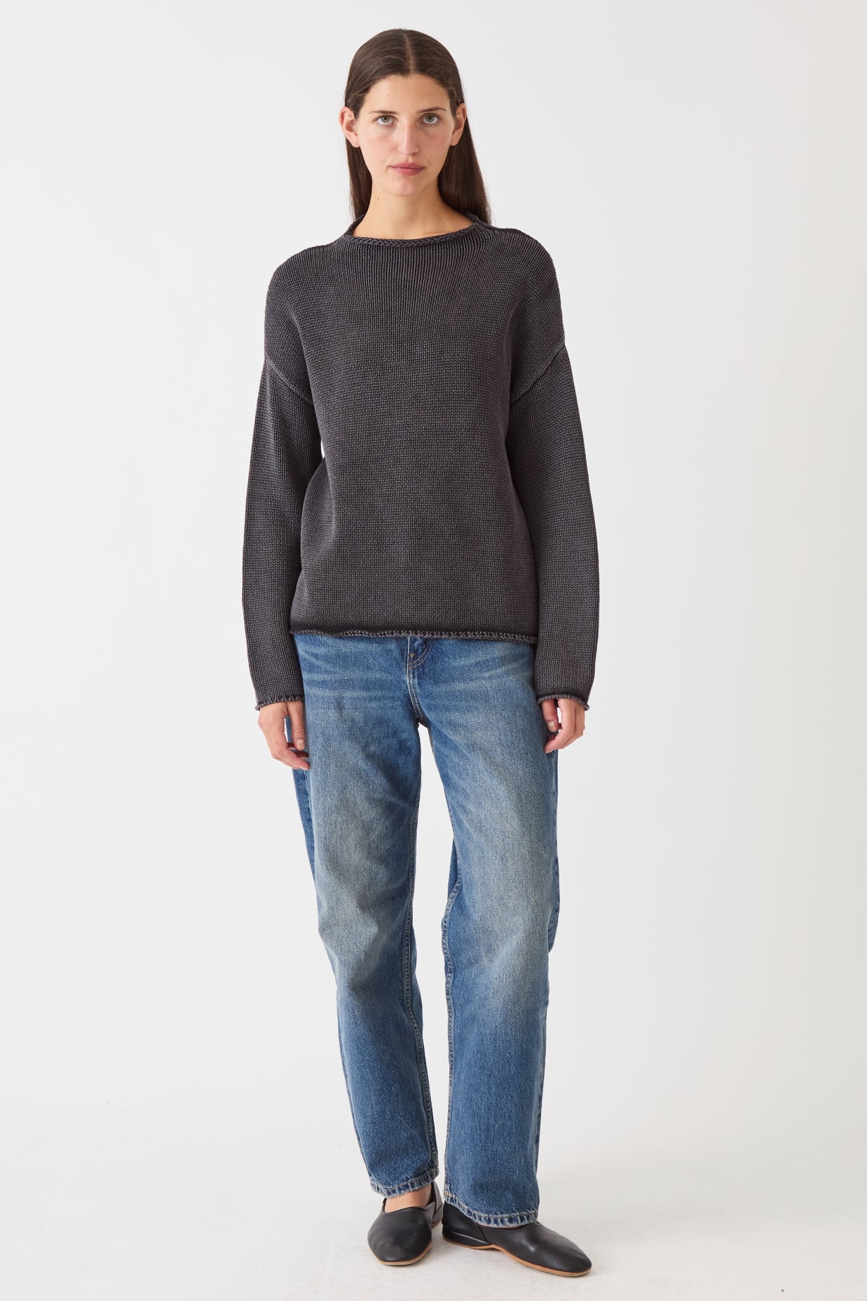 DEMYLEE Lamis Cotton Sweater Black front view styled with relaxed blue jeans at YUCCA Denver