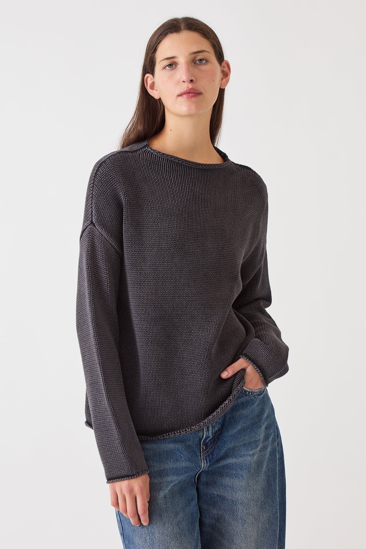 DEMYLEE Lamis Cotton Sweater Black relaxed three-quarter view with dropped shoulders