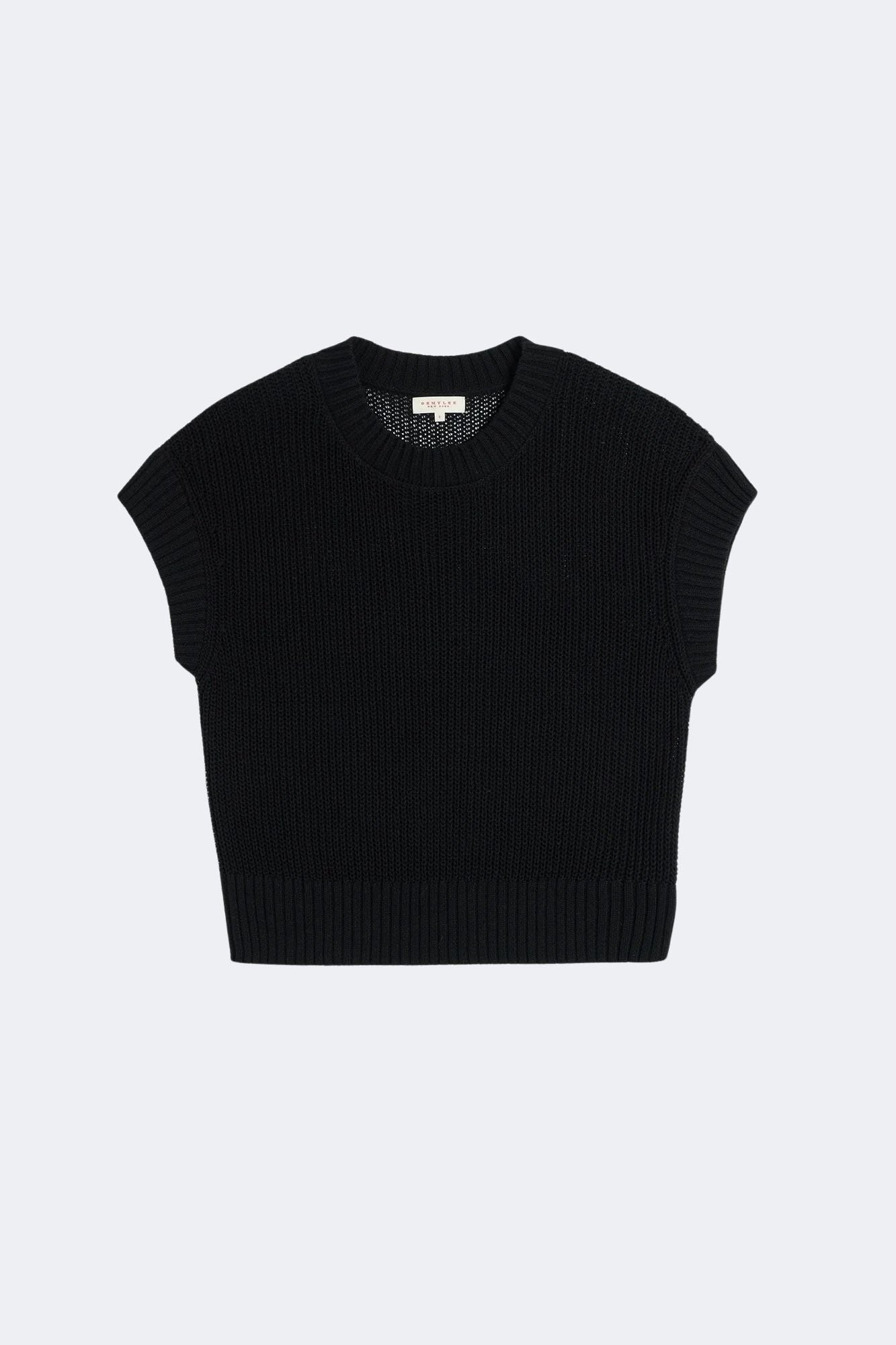 DEMYLEE Marlowe cotton linen knit top in black with open weave texture and ribbed trim