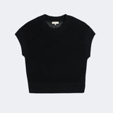 DEMYLEE Marlowe cotton linen knit top in black with open weave texture and ribbed trim