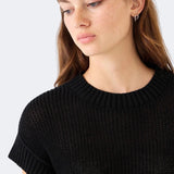 Close view of DEMYLEE Marlowe black cotton linen open weave knit top highlighting textured stitch pattern