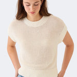 Model wearing DEMYLEE Marlowe off white cotton linen knit top with relaxed fit and ribbed trim
