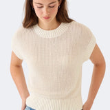Model wearing DEMYLEE Marlowe off white cotton linen knit top with relaxed fit and ribbed trim