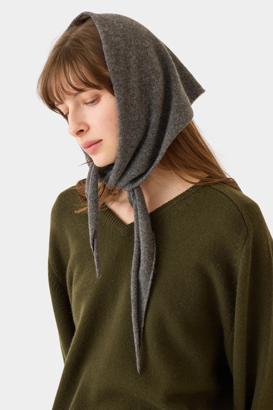 DEMYLEE Nessa Small Cashmere Scarf Dark Heather Grey styled over the head