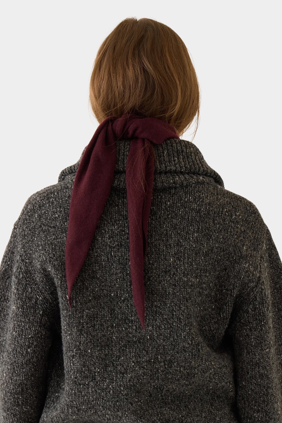 DEMYLEE Nessa Small Cashmere Scarf Garnet tied at the back of the neck