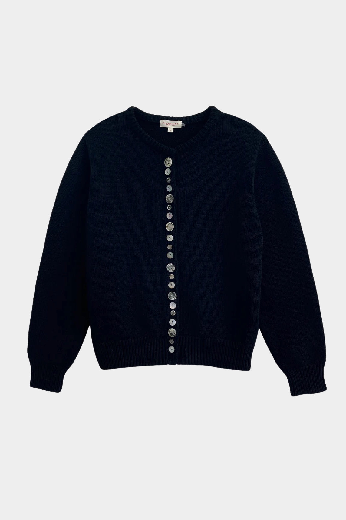 DEMYLEE Soleil cotton cardigan in black with decorative shell buttons and hidden snaps