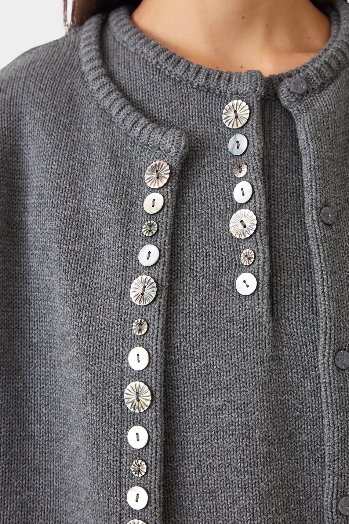 Front view of the charcoal DEMYLEE Soleil cotton cardigan with varied shell buttons