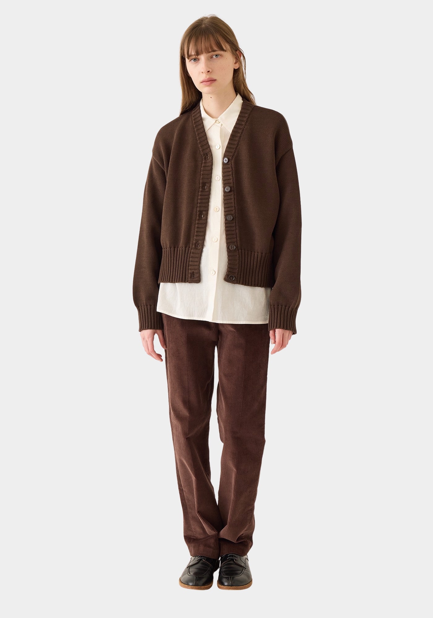 DEMYLEE Vivian Organic Cotton Cardigan Espresso relaxed front view on model